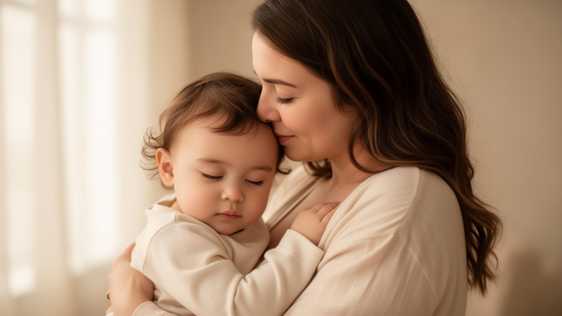 Mãe abraçando carinhosamente seu filho em luz natural