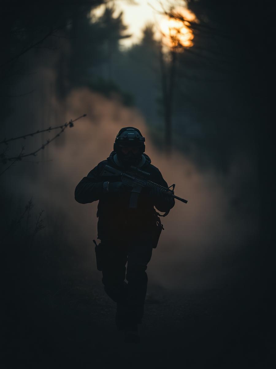 Operador de airsoft na neblina